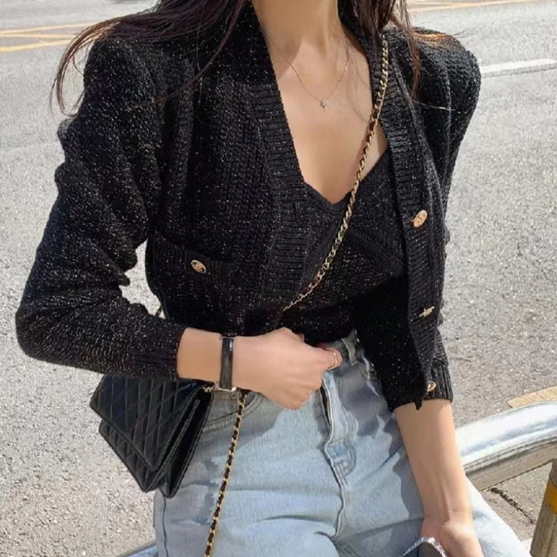 2024 Fall Sexy Camisole Top +  Cropped V Neck Black Cardigan Twist Knitted Coat Korean Chic Two Piece Sets Retro Winter Clothes