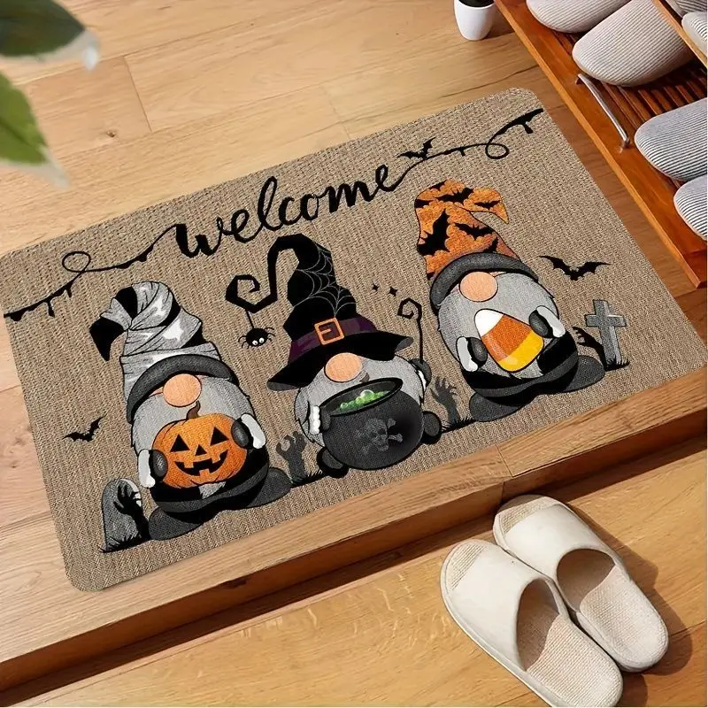 VIKAMA Halloween Gnome Welcome Mat Witch Pumpkin Candy Corn Doormat Bats Spooky Entry Rug Front Porch Floor Mat Decor
