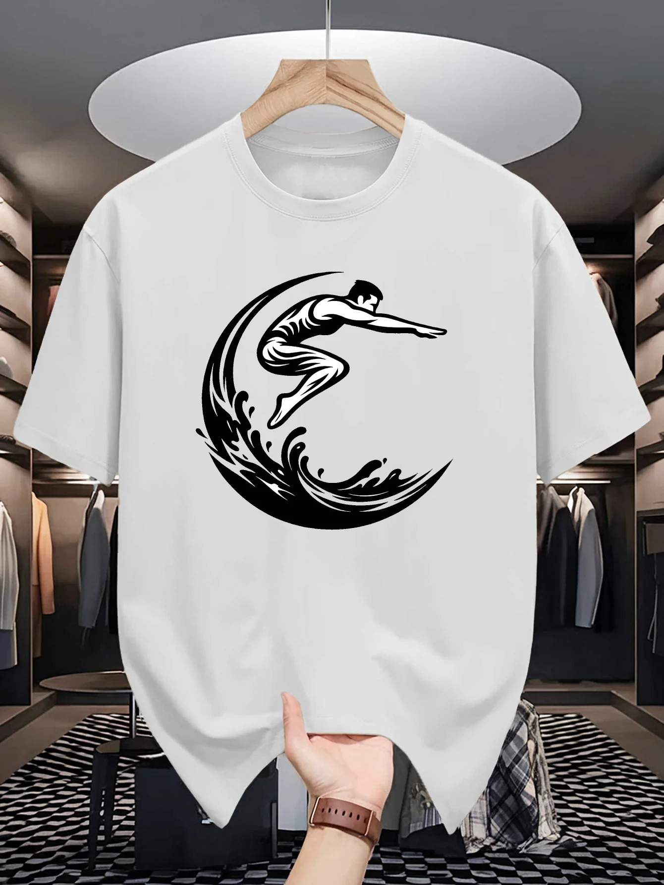 Monochrome Tribal Surfer On Wave Graphic Mens Crew Neck T Shirt Ocean Surf Culture Print Short Sleeve Casual Cotton Summer Tops