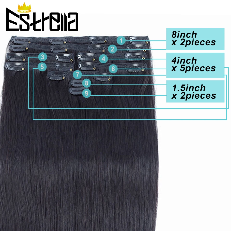 Brazilian Straight Remy Hair Clip In Hair Extensions Human Hair 9Pieces/Set Full Head For Black Women 8-26 Inches Free Shipping