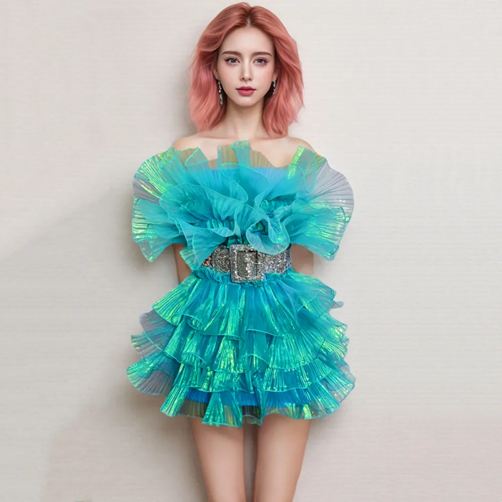 Mini robe de bal rose en gaze moelleuse, Sexy, sans bretelles, pour femmes, anniversaire, mariage, Banquet, soirée, Costume de scène de chanteur