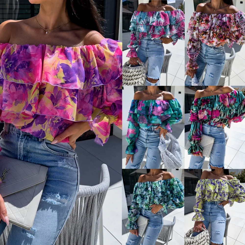 Printed One Shoulder Chiffon Shirts Women Fashion Sexy Off Shoulder Ruffles Long Sleeve Shirt Blouses Ladies Spring Autumn New