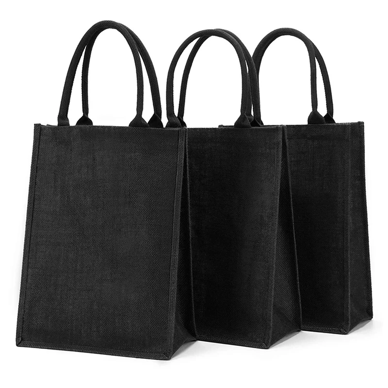 

3 PC Jute Tote, Lined Burlap Tote Bags With Handles, Reusable Grocery Bag For Women Shopping Tote, Plain Black Jute Bags