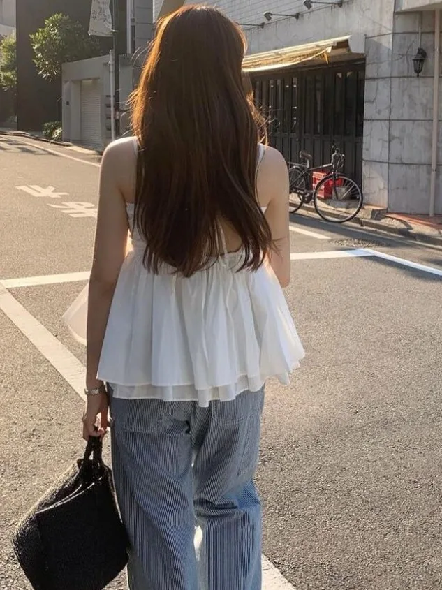 Spring Summer Off-Shoulder Backless Hot Girl Top Folded Outerwear Strap Vest Trendy Blogger Style Korean Style Regular Fit