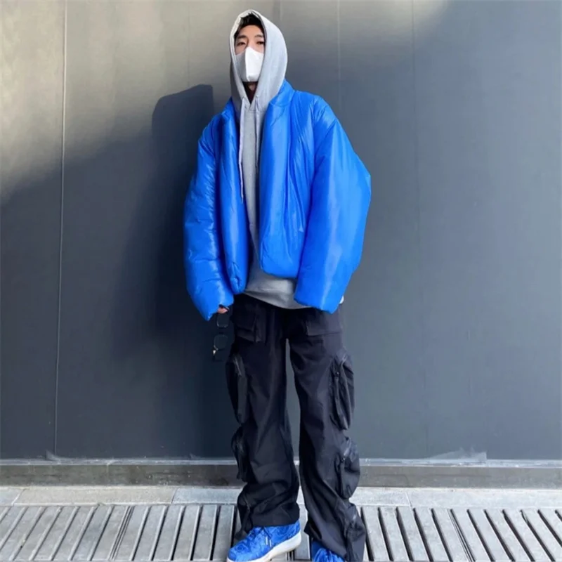 Kanye 2023 New High Quality Fashion High Street Plastic 3D Cotton Coat Black Blue