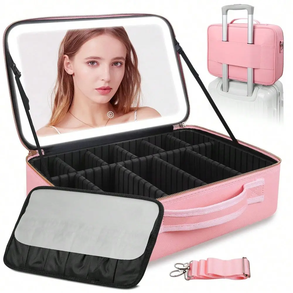 Travel Makeup Bag With LED Mirror, 15 Professional Makeup Case With 3 Color Modes Dimming Lighted Mirror, Light Up Cosmetic Make