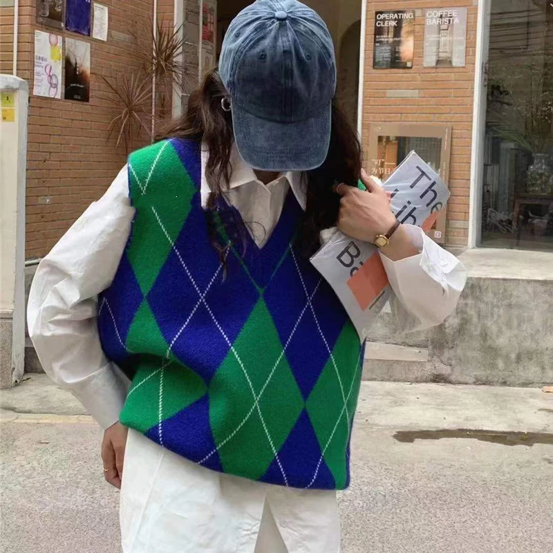 Argyle سترة سترة للنساء المتضخم الخامس الرقبة متماسكة سترة بلا أكمام البلوز تانك القمم الربيع الصيف 2026 اسكواش الزي #4