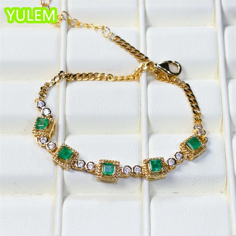 

19CM Natural Square Cut Emerald 3x3mm Fashion Design Chain Bracelet Silver 925 for Daily Wear