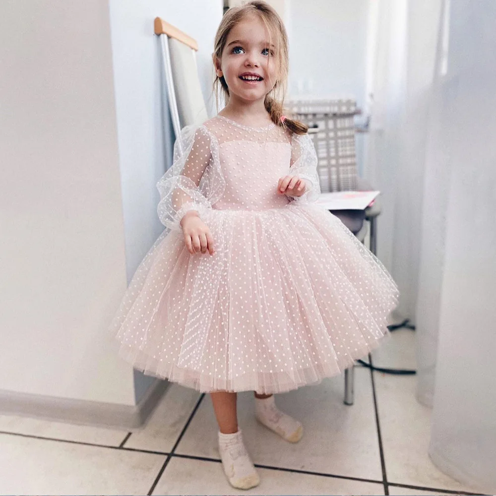 

New Children's Girl Flowers Tulle Dress Wave Point Lace Long Sleeve Performance Party Birthday Fluffy Skirt Custom Ball Gown