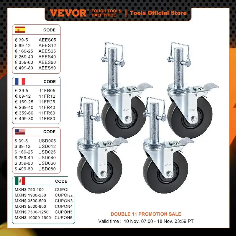 VEVOR 4 Pack Scaffolding Rubber Swivel Caster Wheels with Dual Locking Heavy Duty Casters for Warehousing Industrial Equipment