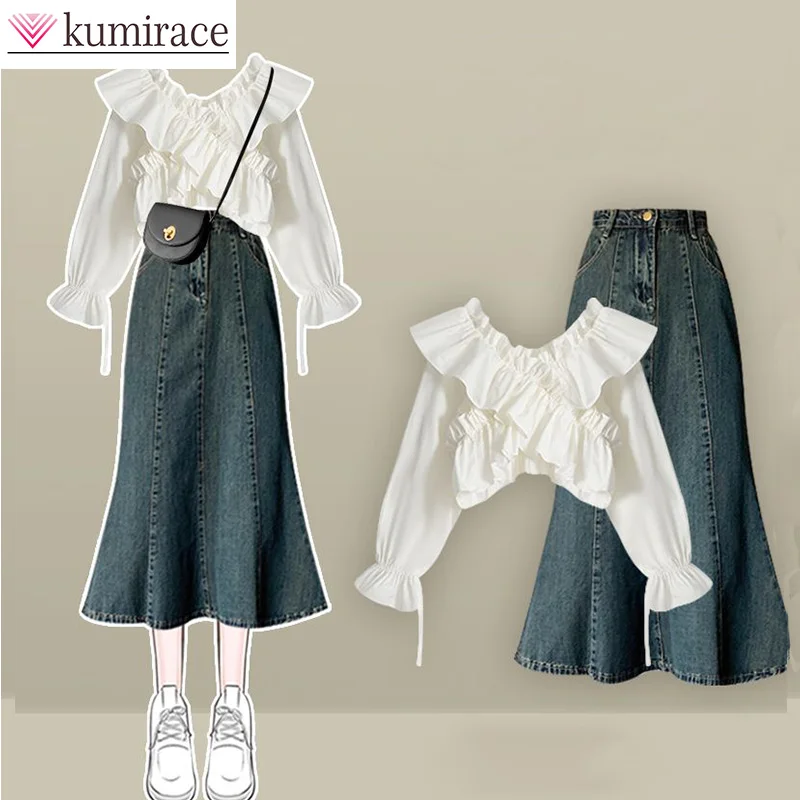 Spring Set Women\'s 2024 New Korean Design Cross Shirt Covering Meat and Slimming Denim Skirt Two-piece Set Skirt Sets Mini Skirt