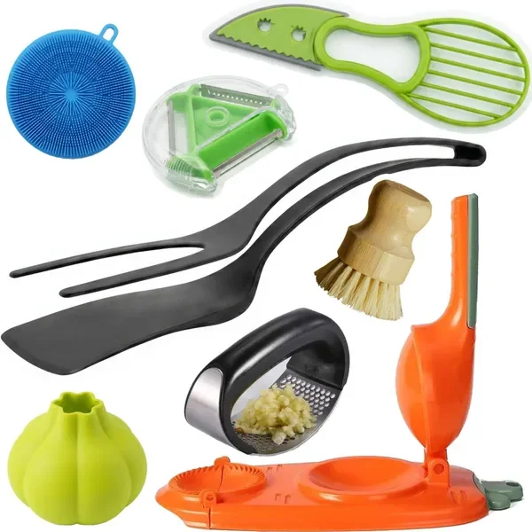 Kitchen Accessories Set (8-Piece) - Premium Cooking Utensils & Gadgets with Bamboo Dish Brush, Avocado Slicer, Garlic Press, Pee
