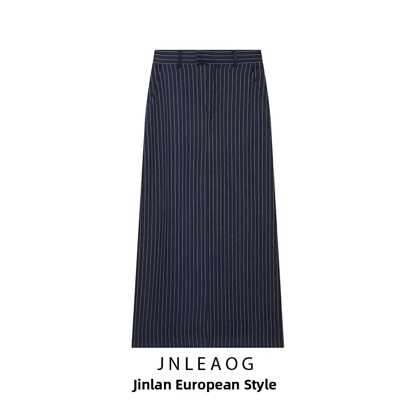 JNLEAOG Summer New Women's Comfortable High Waist Straight Leg Half Skirt with Slit Striped Fashionable Ladies' Skirt