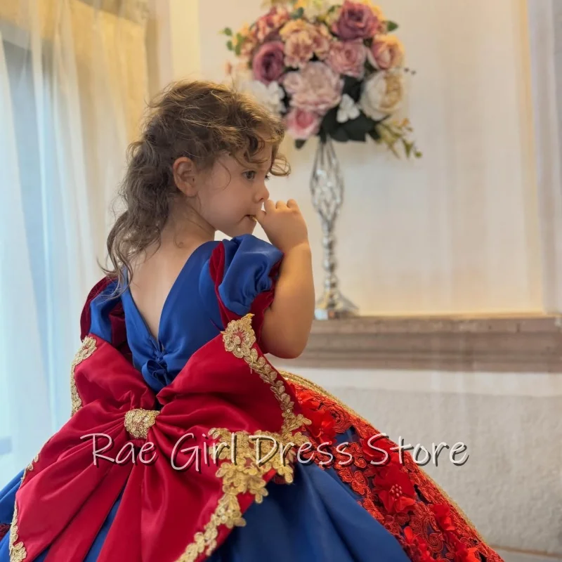 Blue Satin Flower Girl Dress Puff Short Sleeves V Back A Line Floor Train Gown Back Bow For Photoshoot Customized