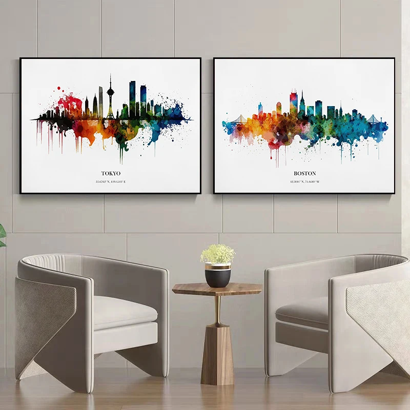 Watercolour City Skyline Poster Tokyo San Diego Las Vegas Cityscape Wall Art Pictures Canvas Painting Living Room Home Decor