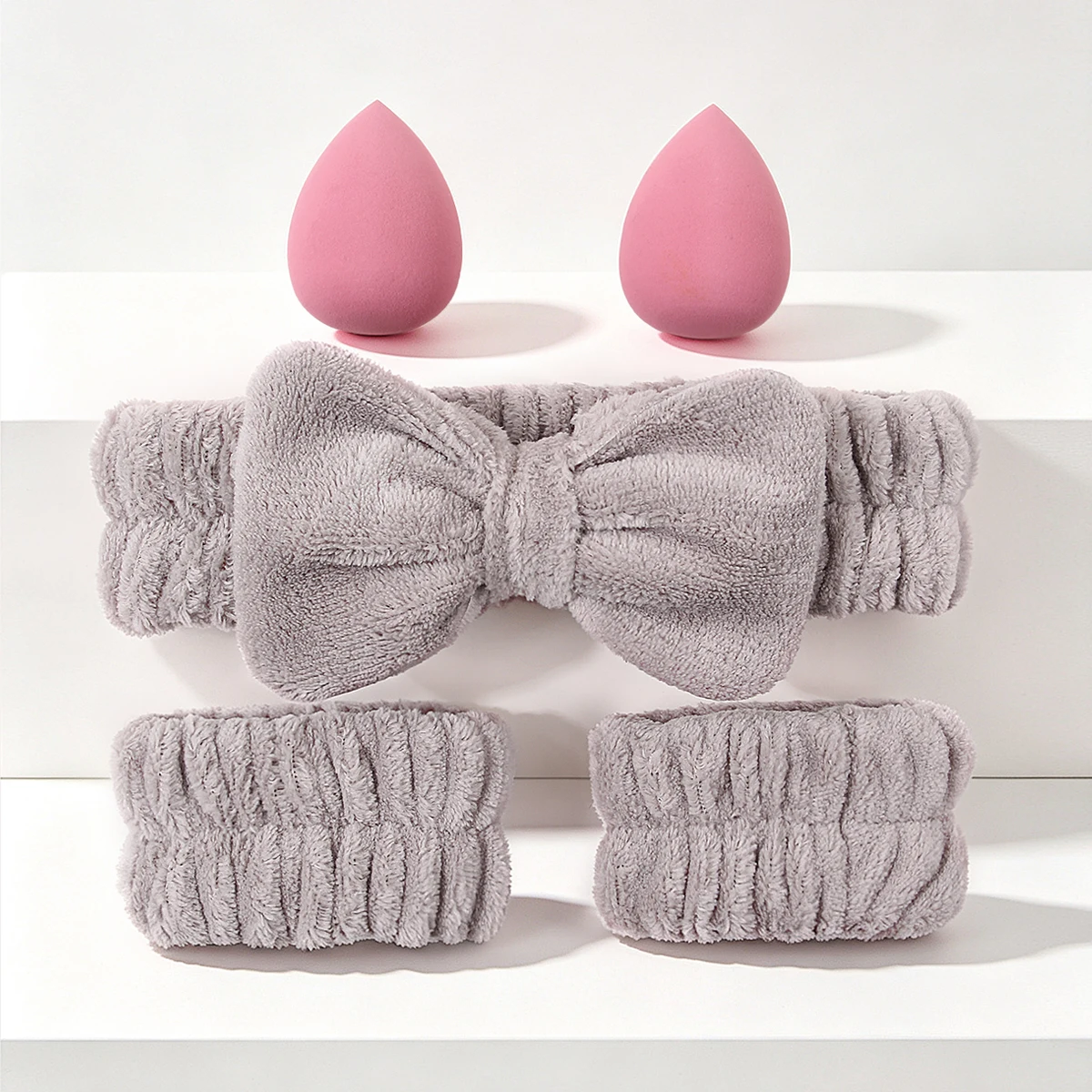 5PCS Bow Hair Band Wristbands Set, Face Washing Headband, Spa Head Wrap,Wrist Bands For Water Proof, Cosmetic Sponge