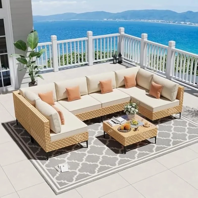 

Большой плетеный набор мебели для патио из 7 предметов с журнальным столиком, секция для бесед в стиле бохо для пространств на открытом воздухе