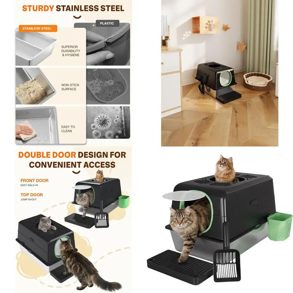 

Большой закрытый лоток для кошек из нержавеющей стали с верхним входом и крышкой, высокие бортики, в комплекте совок и контейнер для мусора, черный