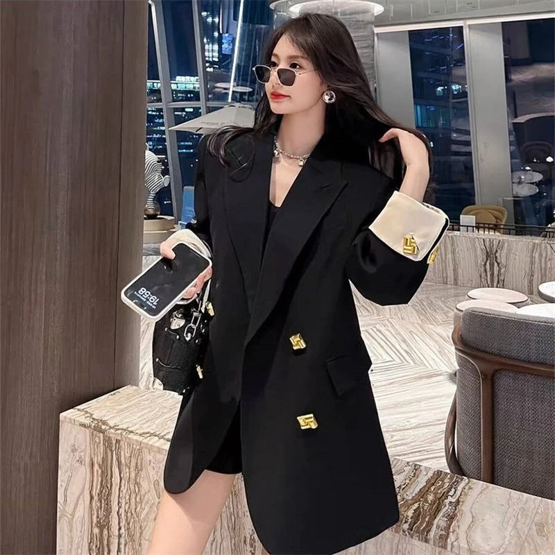 Premium Light Luxury Schwarz Zweireiher Damen Blazer Frühling Herbst Loose Fit Elegante Pendler Mittellange Einzigartige Anzugjacke