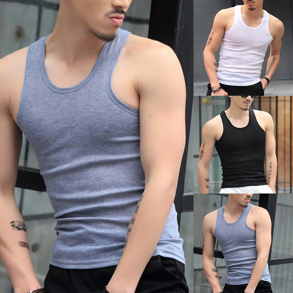 

Mens Tank Tops Solid Color Undershirt Gym Workout Stringer Fitness Fashion Stretch T-Shirt Beater Undershirt Breathable T Shirts