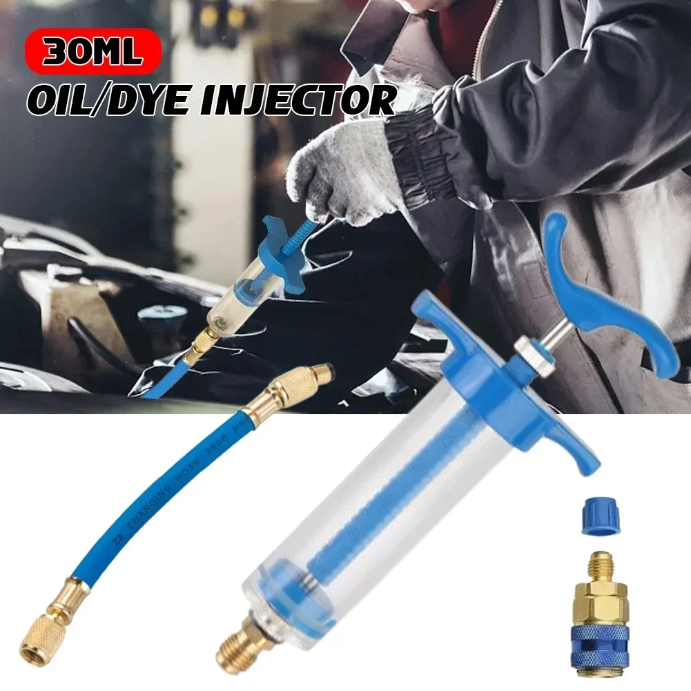 Car 1/4 Air Conditioning Automotive Oiler Injection Syringe 30Ml 1Oz A/C Oil/Dye Injector with Low Side Quick Coupler Adapter