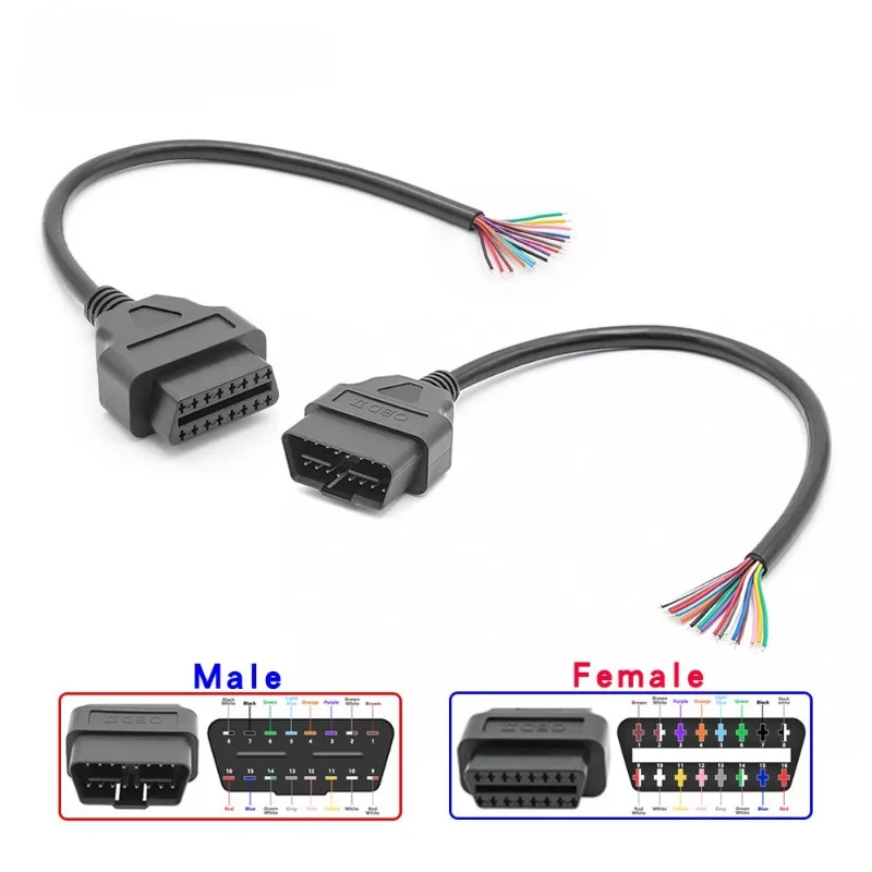 

30CM 16Pin OBD2 Extension Male to Female Cable 16-Color Coded Bare With Wire Cable Automotive DIY Modification Device Testing