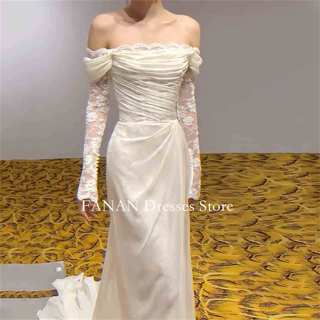 

FANAN Korea Ivory Long Sleeves Wedding Dresses 웨딩드레스 Lace Customized Off the Shoulder Satin Mermaid Bride Gowns Plus Size