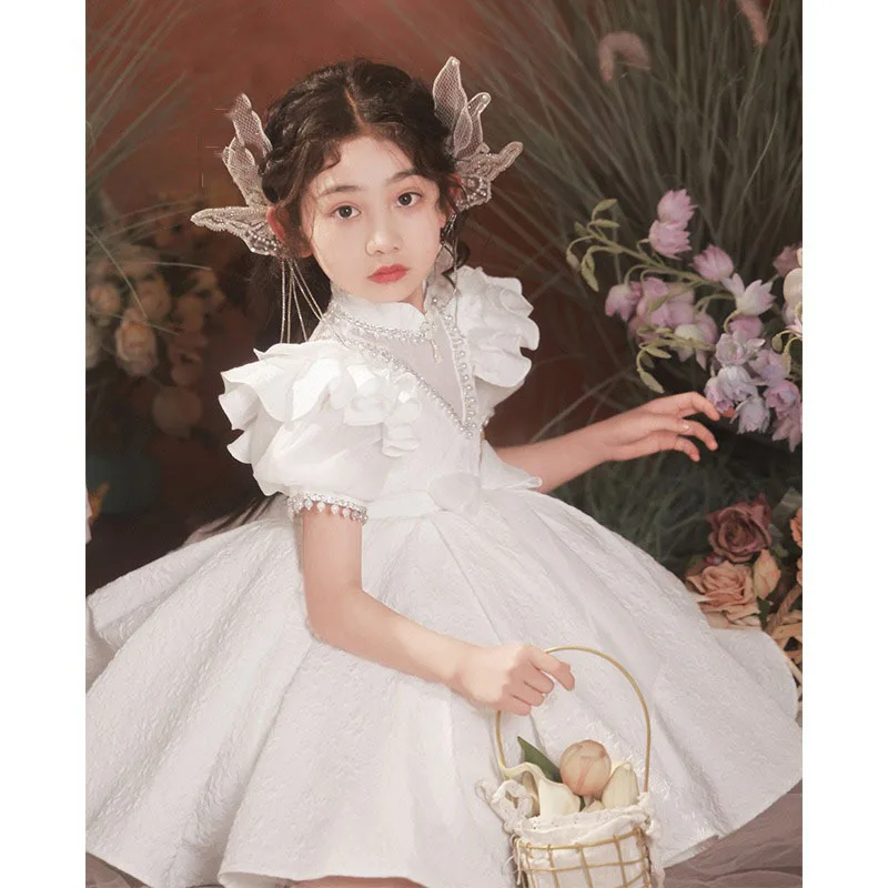 Children Prom Dress Chic Tulle Petal Sleeves Pearl Princess Dresses Kids Girls Party Performance Clothing High Collar Ball Gown