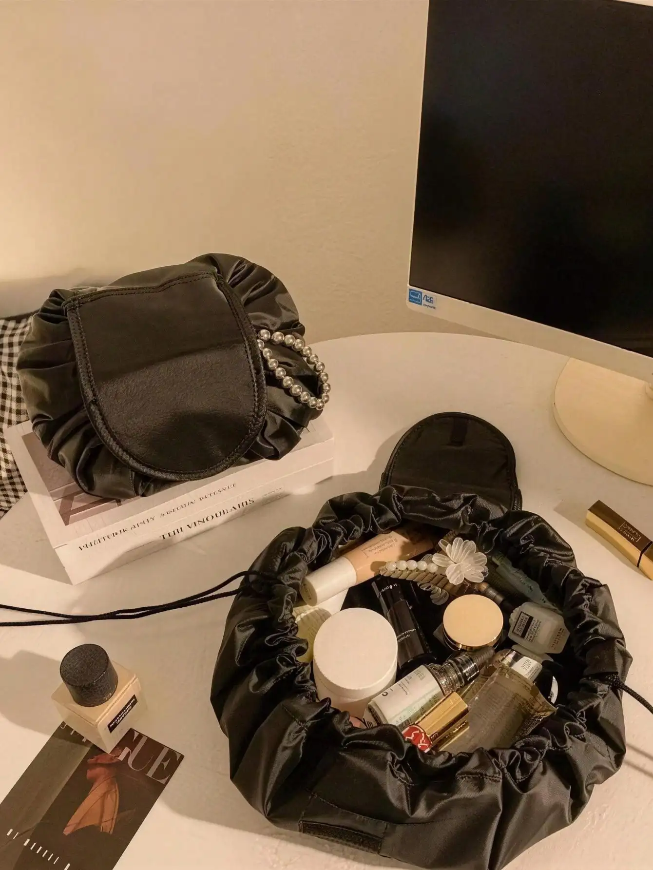 1Pc Drawstring Travel Makeup Bag, Open Flat Cosmetic Pouch, Multipurpose Storage Pouch For Skincare Jewelry Toiletry SG260610162056610744722