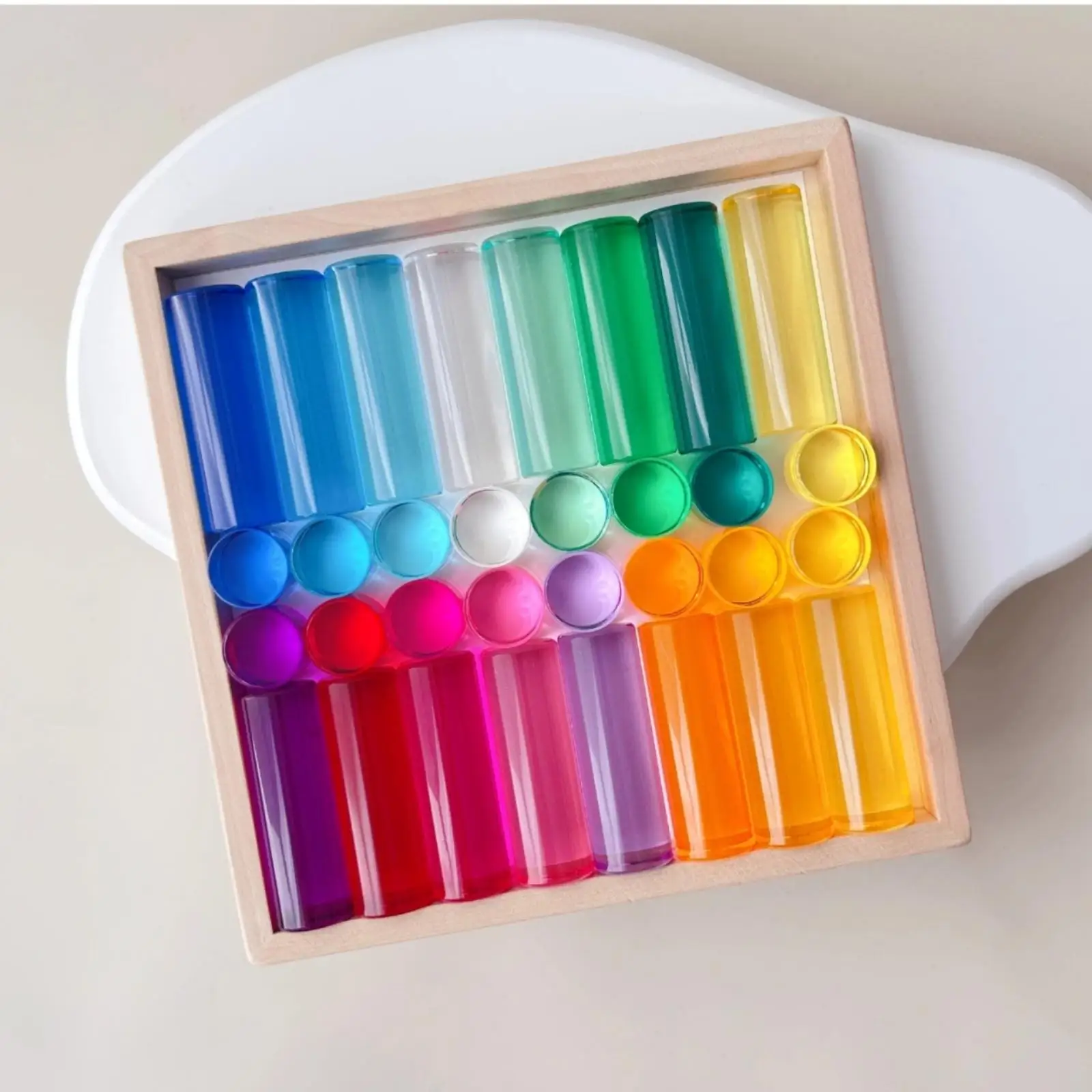 32 Pieces Acrylic Blocks with Wooden Tray Clear Translucent Building Blocks Construction Set Smooth Toy Colored for Children