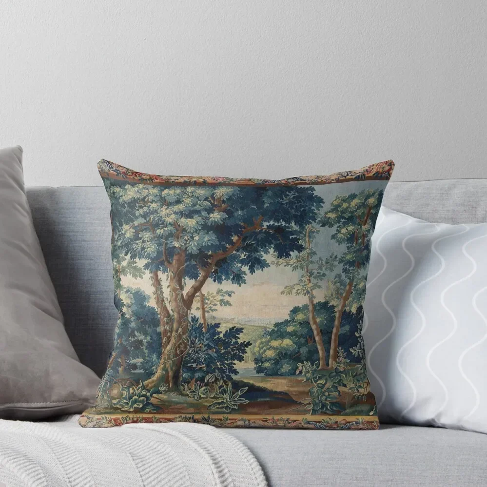 GREENERY, TREES IN WOODLAND LANDSCAPE Antique Flemish Tapestry Throw Pillow Luxury Cushion Cover Pillow