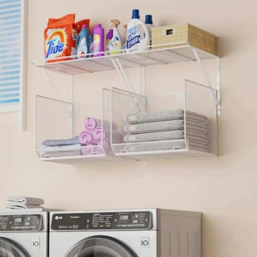 

2 Pack Laundry Room Shelves Organization And Storage, Wall Mounted Clothes Drying Rack With Wire Mesh Basket Over Washer And Dr