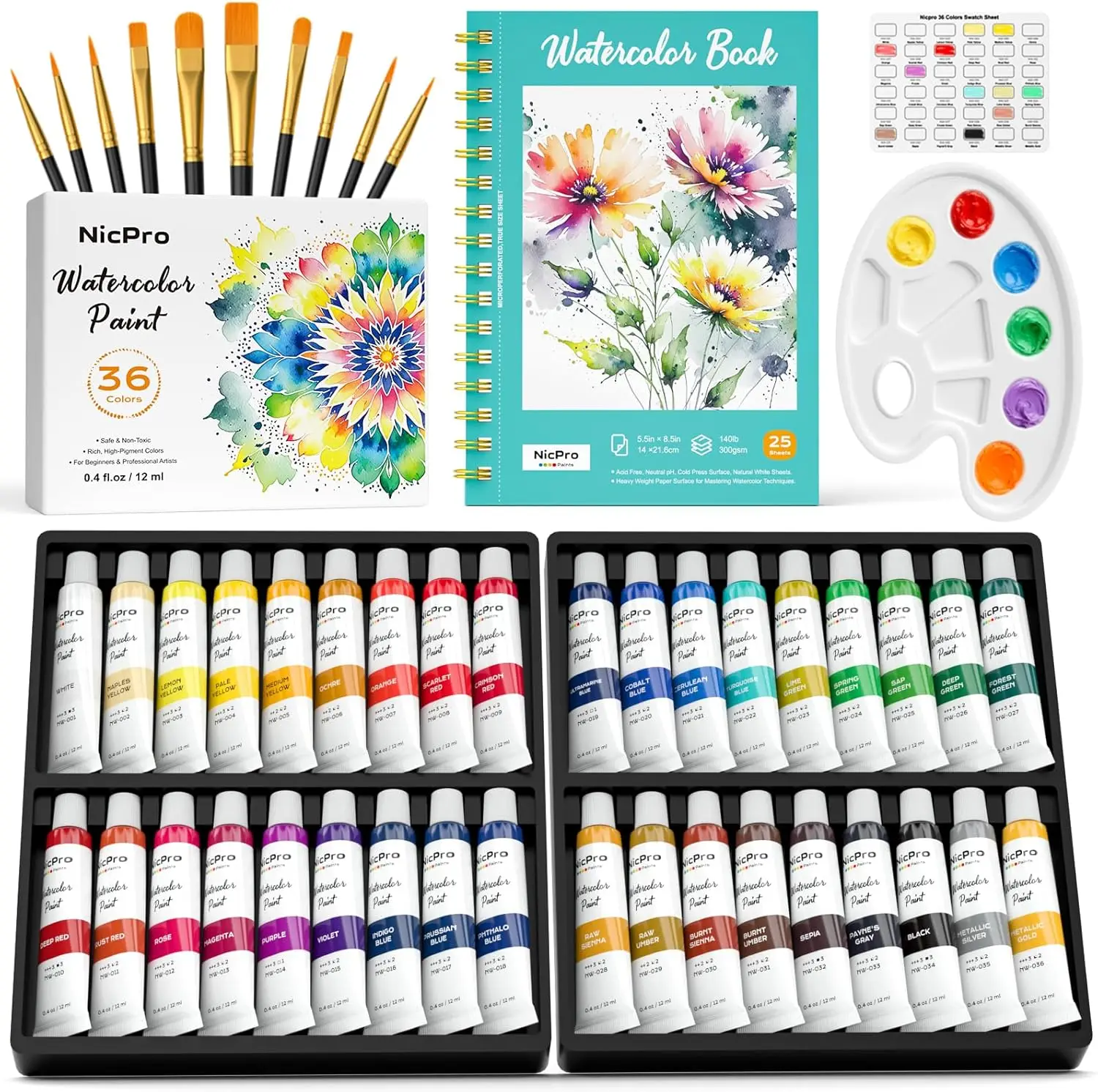 

Watercolor Paint Set for Adults, 36 Colors Watercolor Tube Set (12ml,0.4oz) with10 Paint Brushes, 25-Sheet Watercolor Pa