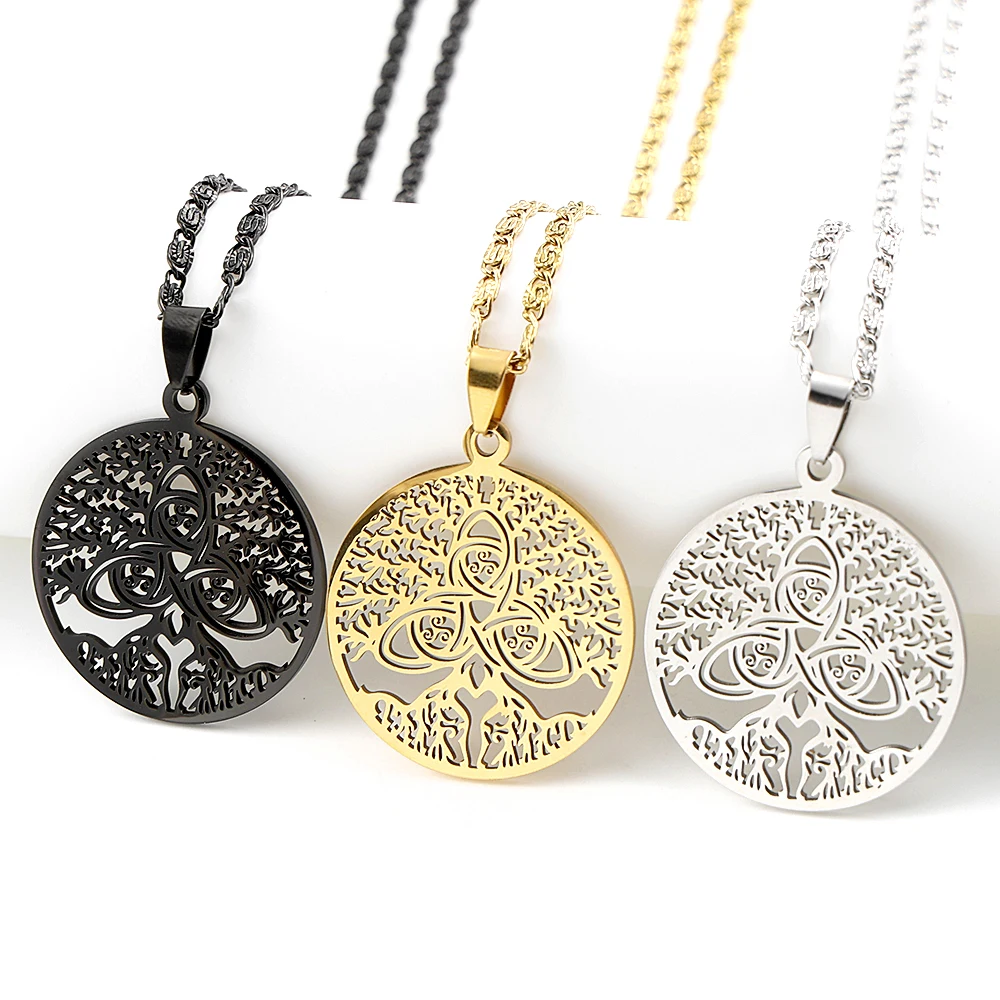 Witch Tree of Life Celtic Knot Triquetra Trinity Hollow Pendant Necklace for Women Men Stainless Steel Amulet Chain Jewelry