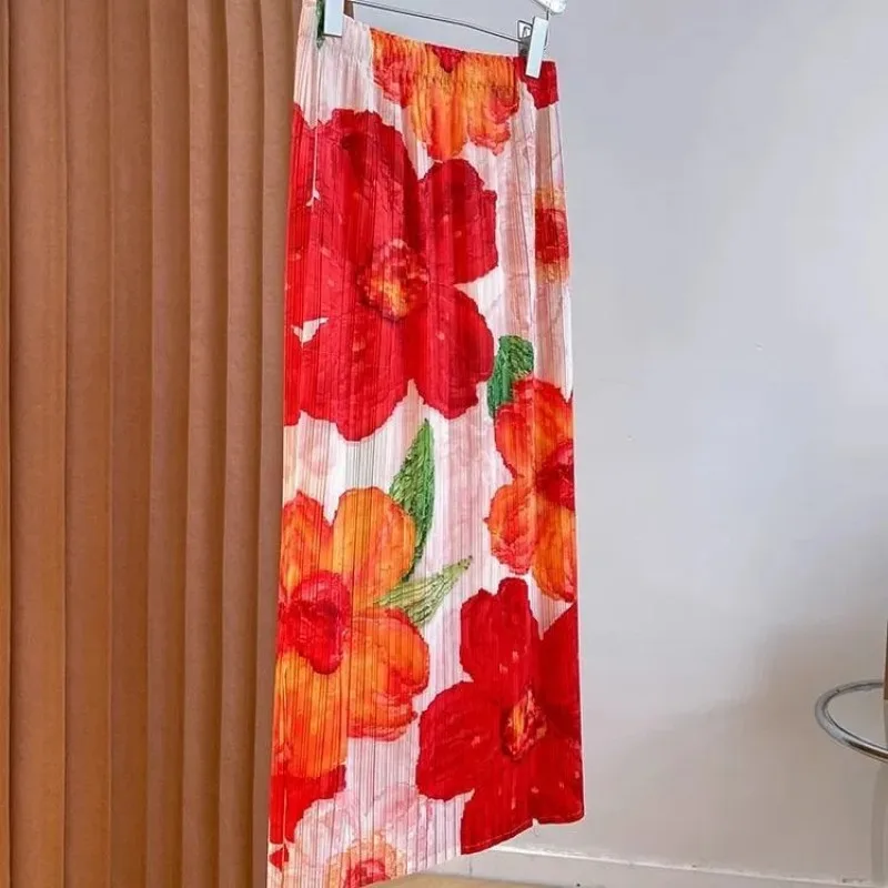 

Women's Floral Pleated Midi Skirt High Waist Casual A-line Skirt