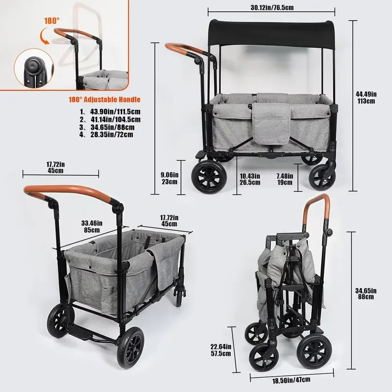 Creative Outdoor Push-Pull Camping 2-Seats Folding Wagon Canopy for Baby Travel Pet Carriers