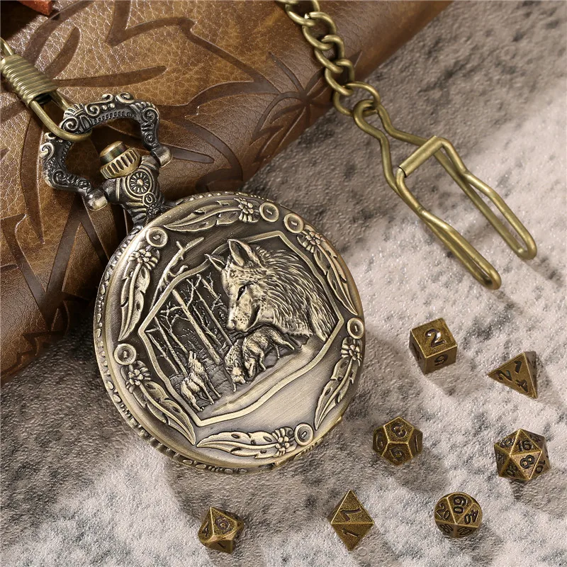 Wolf Pocket Watch Dice, Dnd Dice, 7pcs Metal Dice Wolf Pendant Chain 7pcs/set Metal Polyhedral Dice for Role Play Gaming Dices