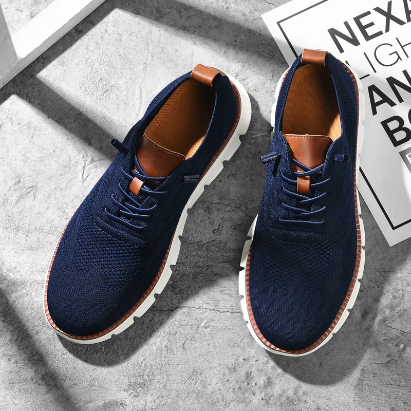 Men's Breathable Knit Casual Sneakers - Lightweight Slip-On Walking Shoes, Elastic No-Tie Laces, Comfortable Work & Daily Footwe