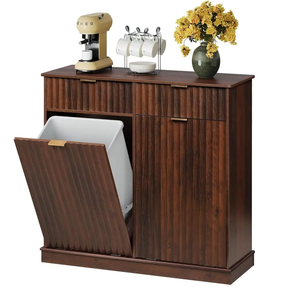 

Double Tilt-Out 10 Gallon Trash Can Cabinet with Storage Drawers, Pet-Proof Wooden Bin for Kitchen, Home, and Laundry (Brown)