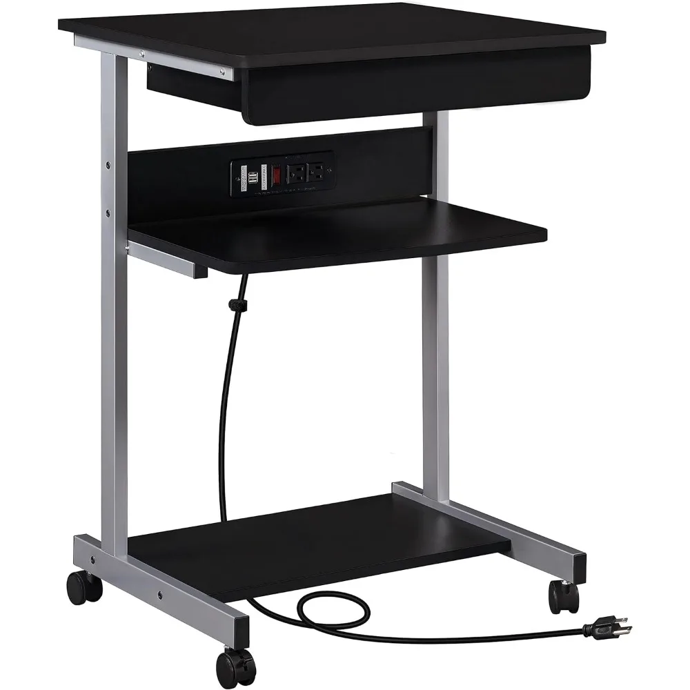 Premium 22 in Laptop Computer Table Home Office Desk with Power Outlet for Small Space, Mobile Compact Corner Workstation with