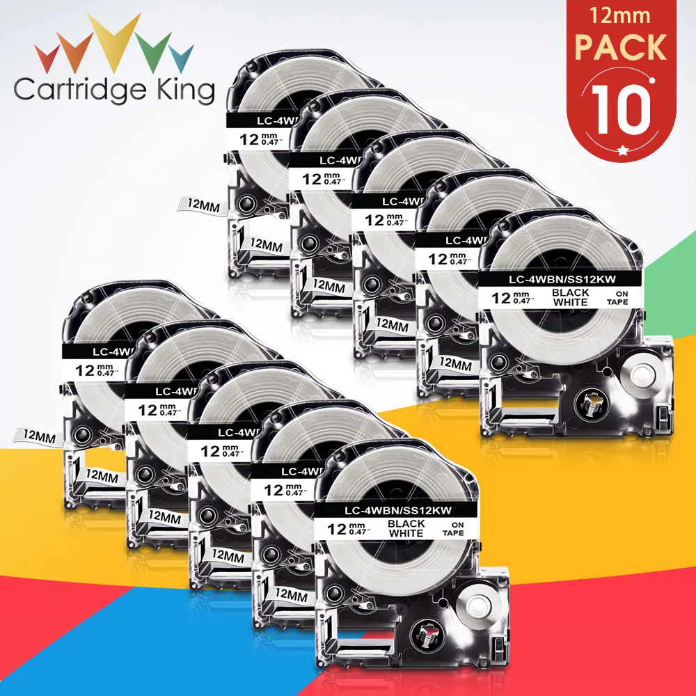 10pk 6/9/12mm Black on White SS12KW Label Tape Black on White Compatible for Epson LW-300 LW-400 LW-600P LW-700 LW-700P Labeller