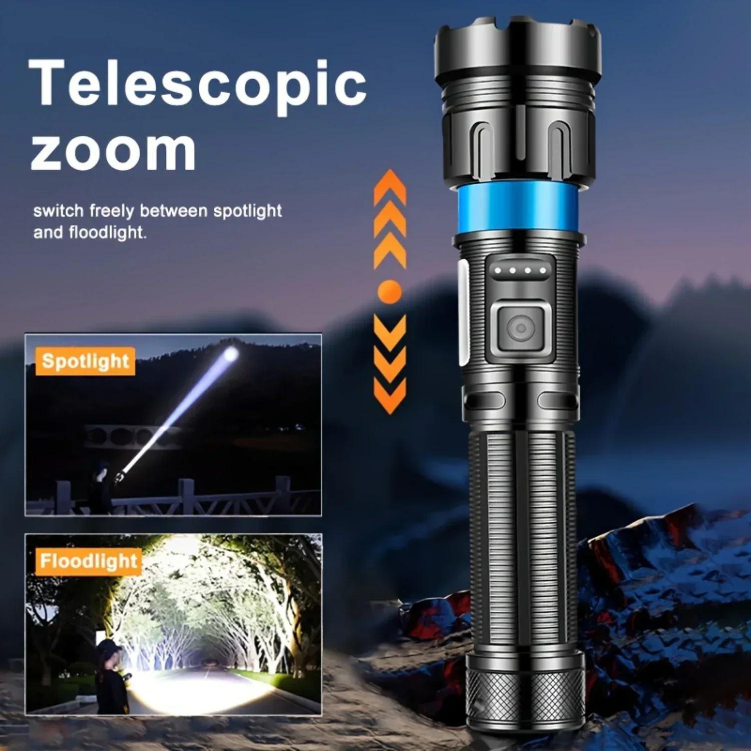 KDULIT High Power LED COB Flashlight USB Rechargeable Torch 7 Lighting Modes Zoomable Lantern Outdoor Camping Emergency Lights