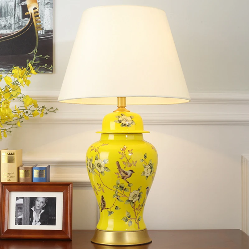 

Chinese Simple Ceramic Vase Bedroom Decoration Table Lamp Yellow Flower Bird Painting Linen Lampshade LED E27 Copper Desk Light