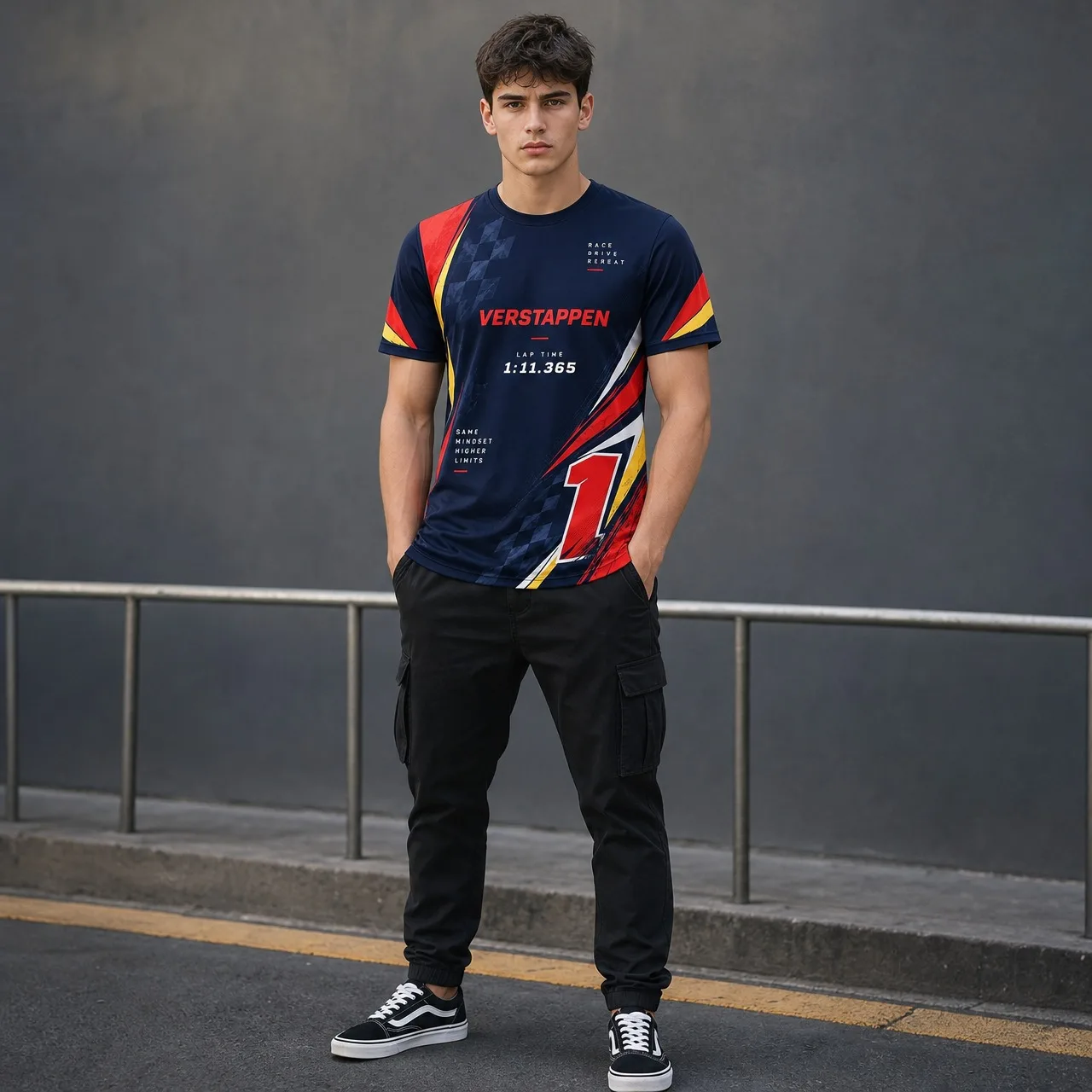 Men's F1 Verstappen Racing T-shirt No.1 Dynamic Stripe Grid Pattern Printed Racing Fan Short Sleeve T-shirt