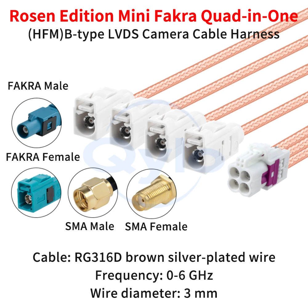 (1 pcs) Rosen Mini FAKRA 4 in 1 Type B White to SMA / FAKRA RG316D Brown Silver - Plated Cable FAKRA to SMA Cable