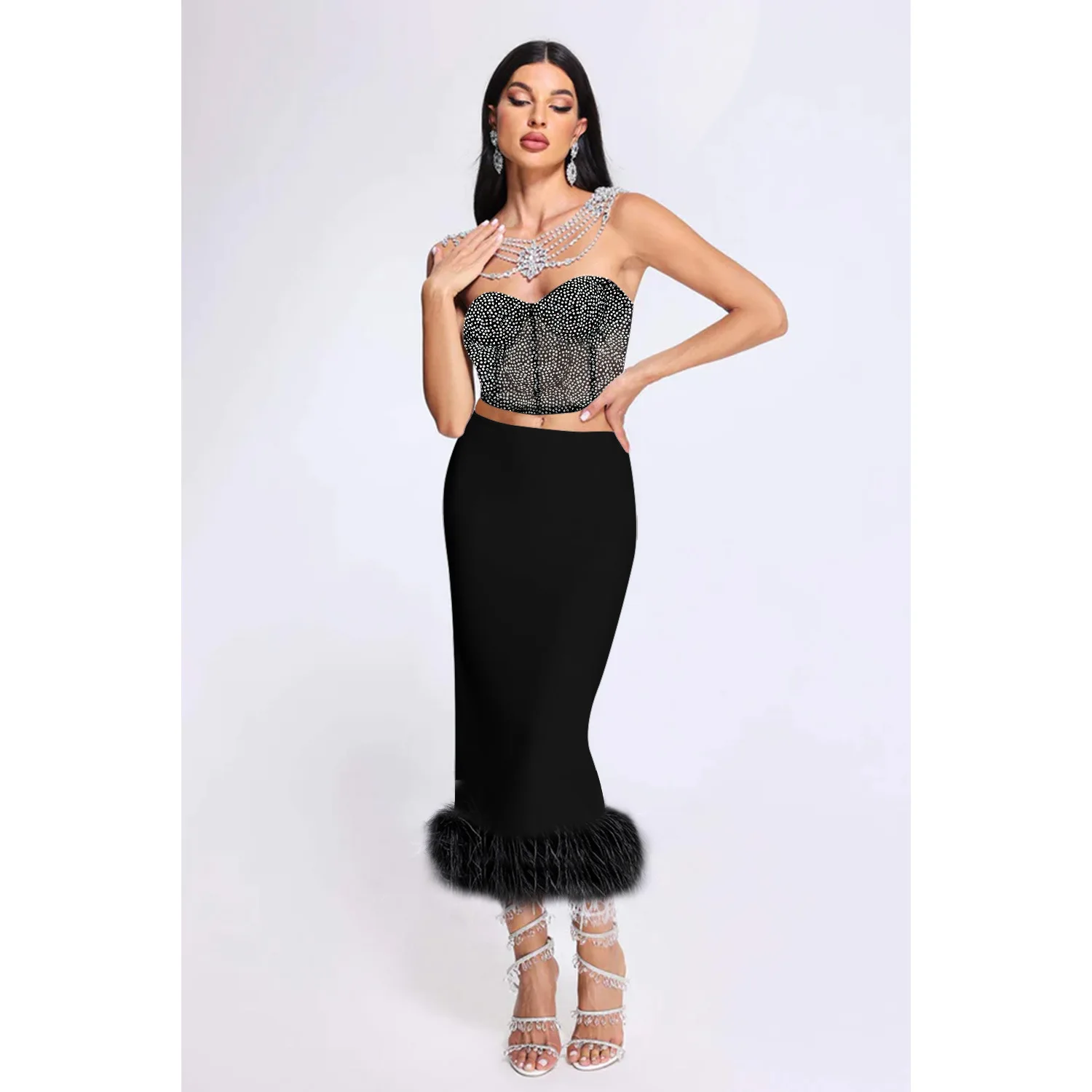 

Wishyear Sexy Strapless Diamonds Rhinestones Crop Top and Fur Hem Bodycon Midi Skirt Women 2 Piece Set Birthday Evening Outfit