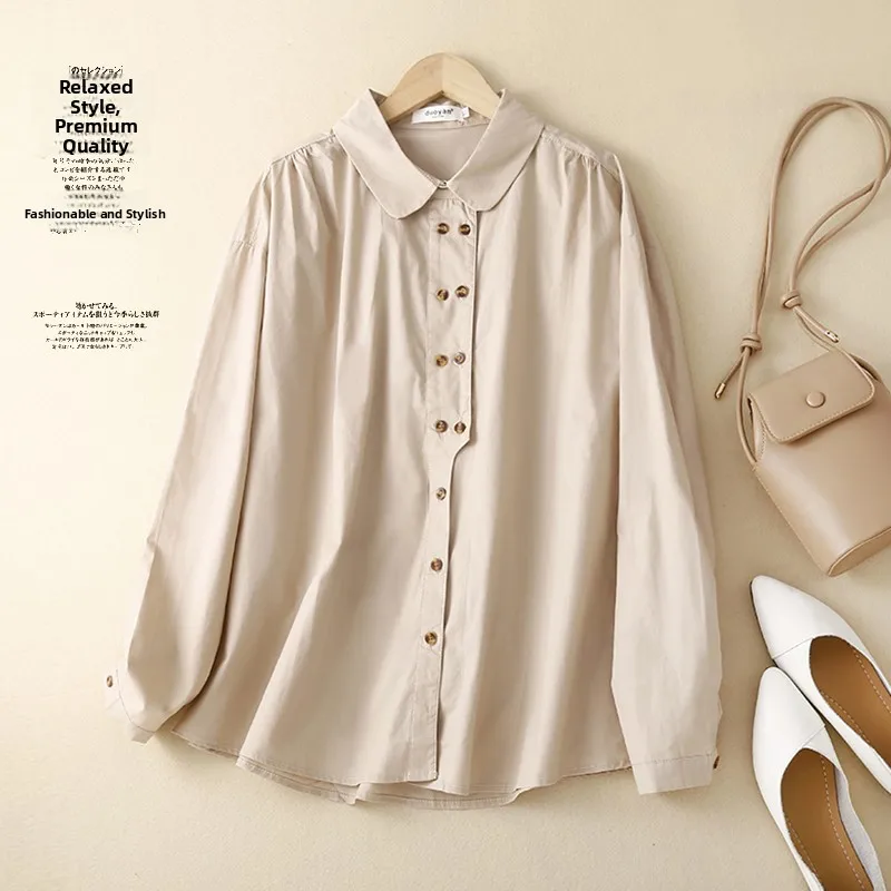 الرجعية اليابانية Sle المرأة irt الفنية القطن الكتان طوق زر مزدوج لون نقي بسيط Faion العصرية بلوزة #2