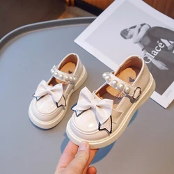 Children Shallow Leather Shoes for Girls Bow 2023 Pearls Cute Glossy Versatile Soft Breatheable Simple Non-slip Princess Loafers