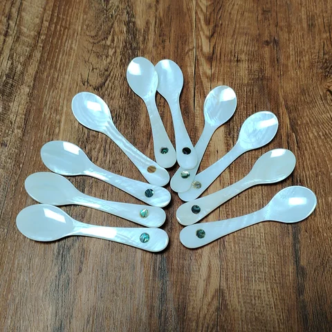 3 st kaviarskedar med skal och pärlemor, runt handtag för kaviar, ägg, glass, kaffe, restaurangservering 10 best sales skalsked - №7