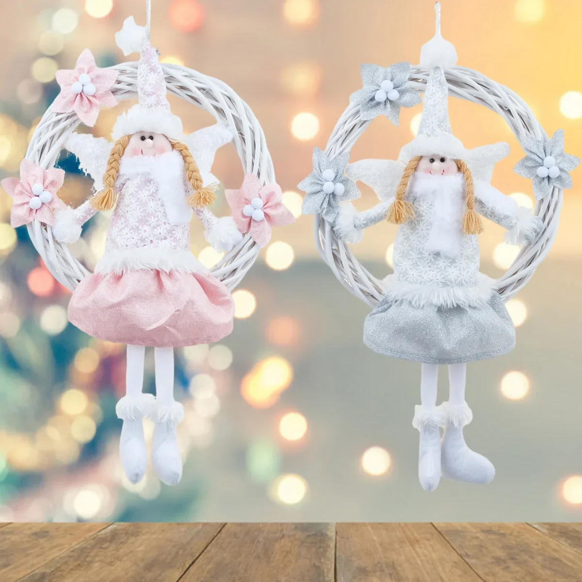 

White Angel Garland Rattan Circle Pink Door Hanging Christmas Tree Pendant Home Decoration Photo Props Girl Room Wall Hangings